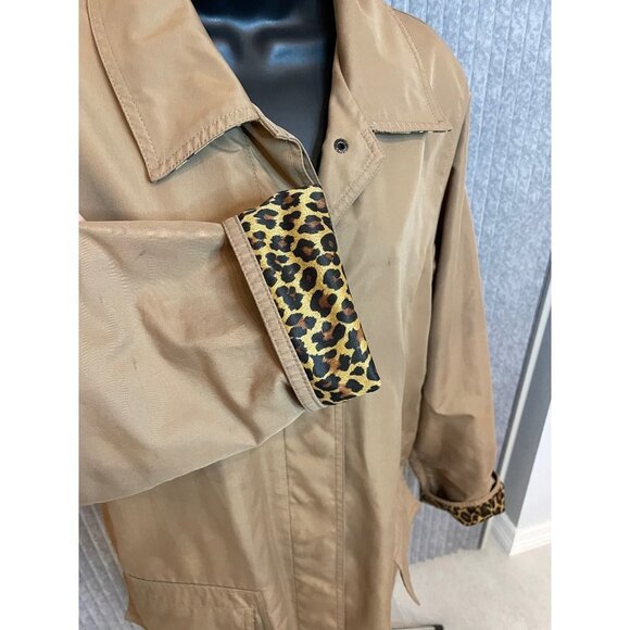 Dennis Basso Tan Mid Length Trench Coat Animal Print Trim Sz L - Picture 4 of 10